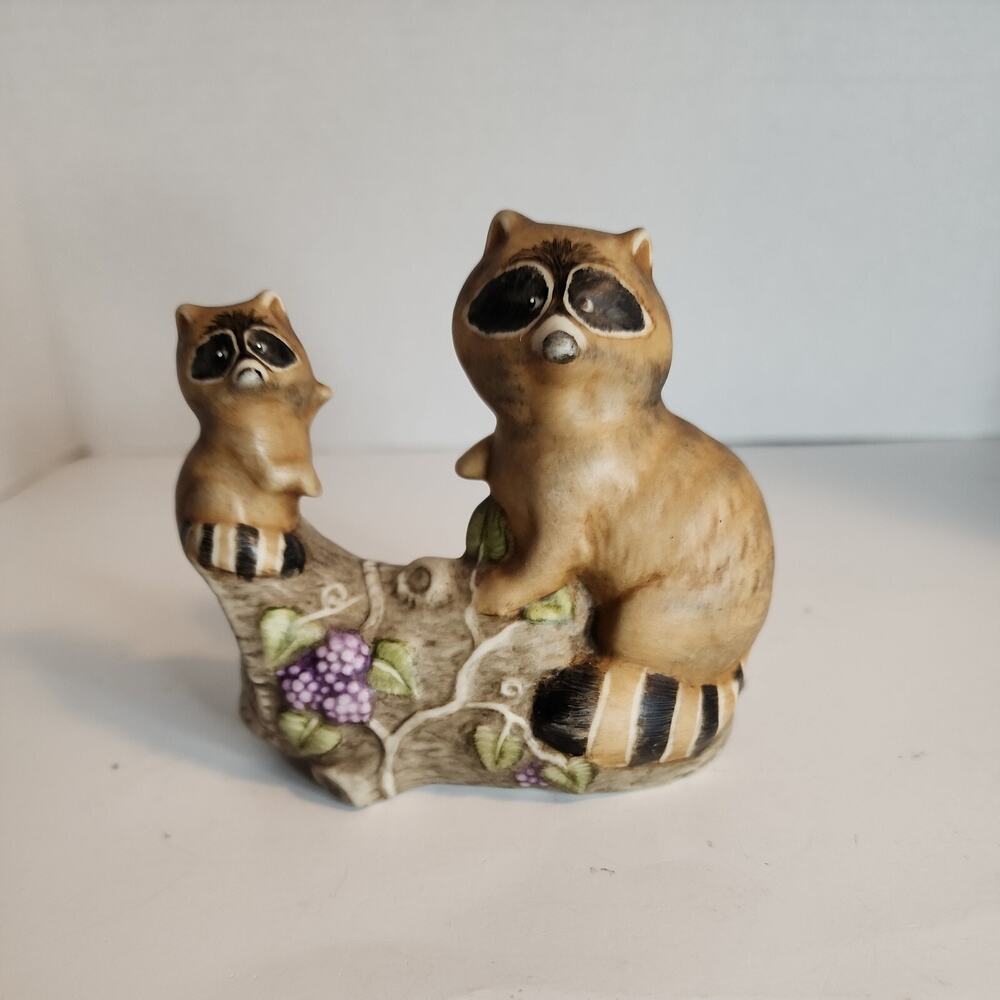 Vtg Ceramic Mother and Baby Raccoons on a Log Figurine Handpainted in Wisconsin